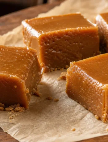 Doce de leite mineiro cremoso em quadrados sobre mesa de madeira