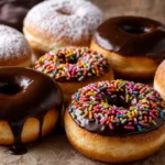 Donuts caseiros super macios com chocolate, açúcar de confeiteiro e confeitos coloridos sobre mesa rústica