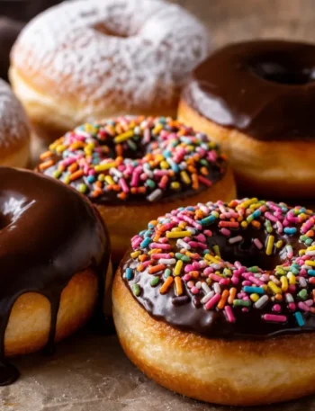 Donuts caseiros super macios com chocolate, açúcar de confeiteiro e confeitos coloridos sobre mesa rústica
