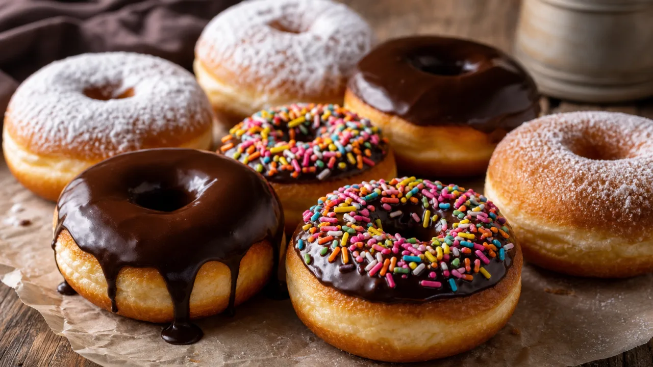 Donuts caseiros super macios com chocolate, açúcar de confeiteiro e confeitos coloridos sobre mesa rústica