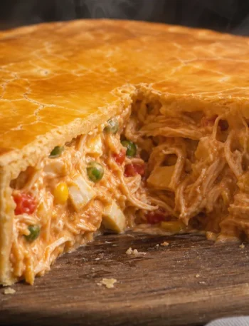 Empadão de frango super cremoso com massa dourada e recheio de frango desfiado, milho e ervilha