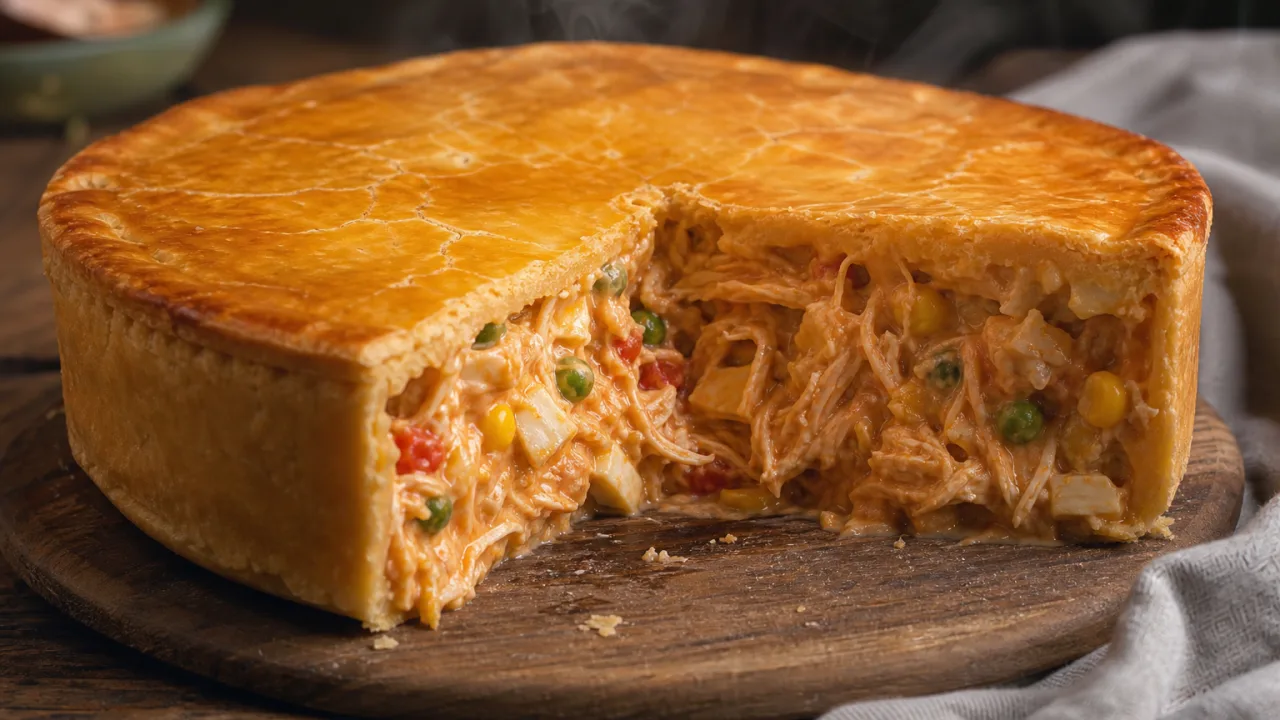 Empadão de frango super cremoso com massa dourada e recheio de frango desfiado, milho e ervilha