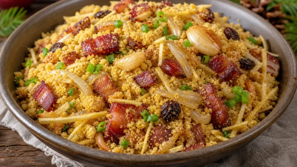 Farofa de bacon com batata palha, dourada, crocante e com uvas passas sobre tigela rústica