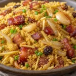Farofa de bacon com batata palha, dourada, crocante e com uvas passas sobre tigela rústica