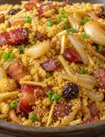 Farofa de bacon com batata palha, dourada, crocante e com uvas passas sobre tigela rústica