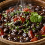 Feijão-preto com tomate e coentro servido em tigela rústica, com caldo encorpado e coentro fresco