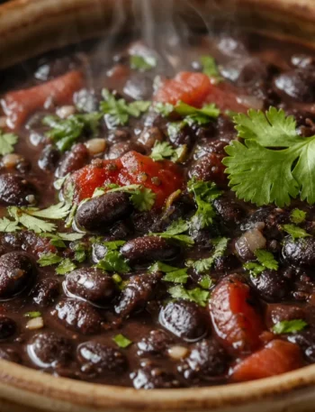 Feijão-preto com tomate e coentro servido em tigela rústica, com caldo encorpado e coentro fresco