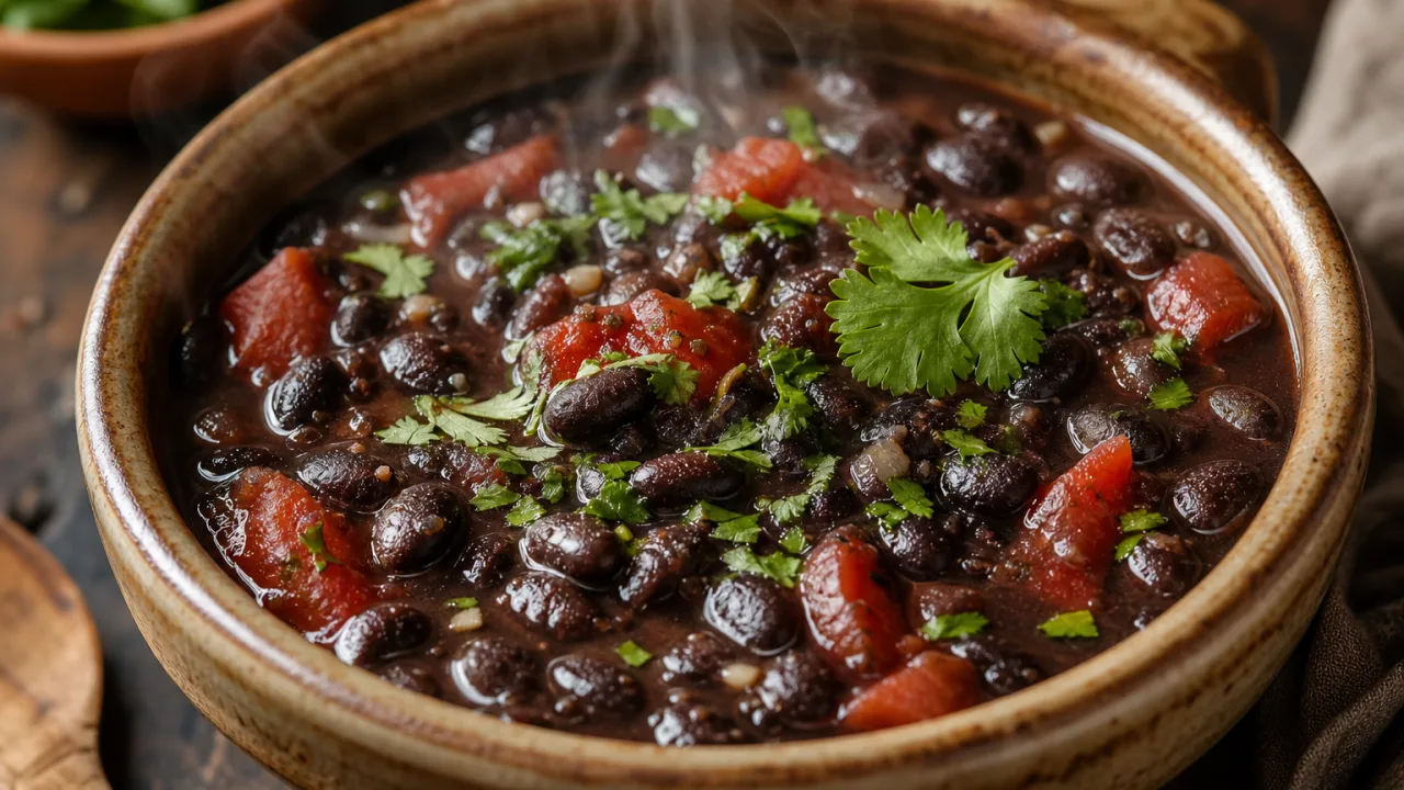 Feijão-preto com tomate e coentro servido em tigela rústica, com caldo encorpado e coentro fresco