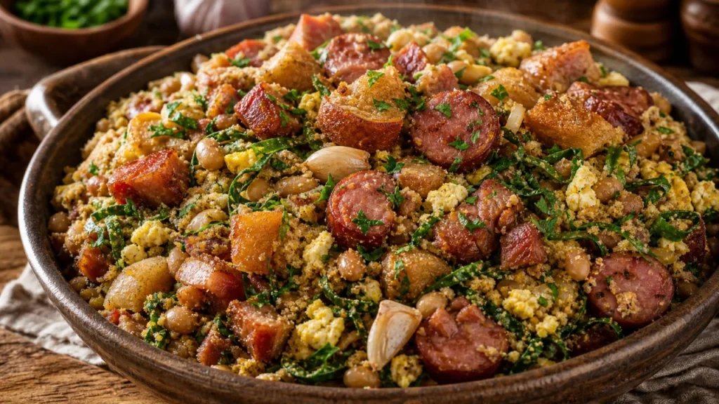 Feijão tropeiro simples com couve refogada, bacon, linguiça, ovos e farinha de mandioca em prato rústico