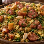 Feijão tropeiro simples com couve refogada, bacon, linguiça, ovos e farinha de mandioca em prato rústico