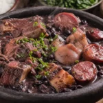Feijoada do pai encorpada com carnes, feijão preto, arroz, couve e laranja em mesa rústica