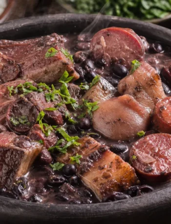 Feijoada do pai encorpada com carnes, feijão preto, arroz, couve e laranja em mesa rústica