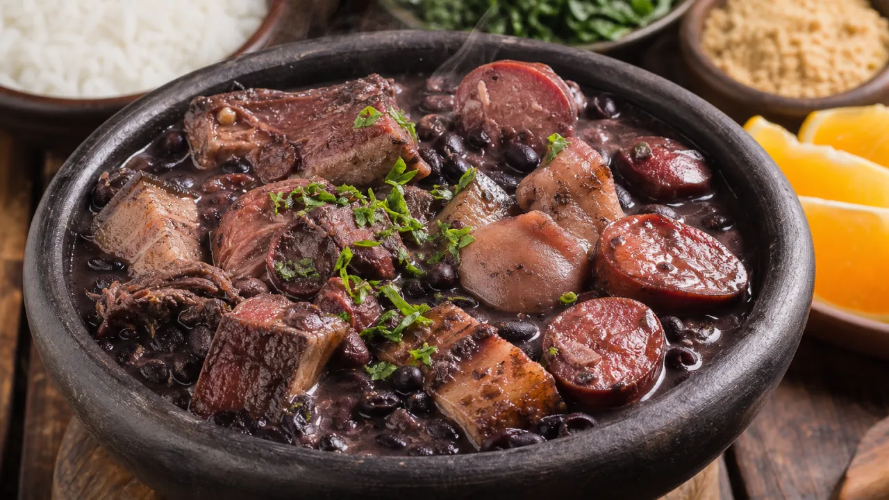 Feijoada do pai encorpada com carnes, feijão preto, arroz, couve e laranja em mesa rústica