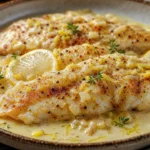 Filé de peixe cremoso com limão, tilápia dourada com molho cremoso, limão siciliano e raspas sobre mesa rústica