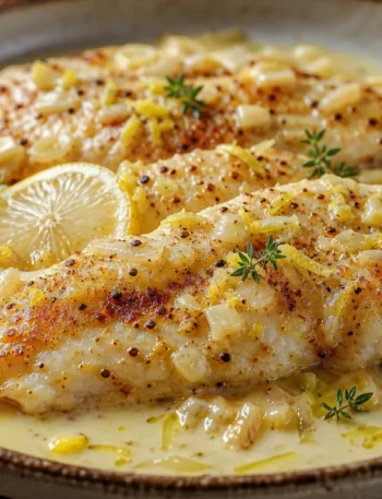 Filé de peixe cremoso com limão, tilápia dourada com molho cremoso, limão siciliano e raspas sobre mesa rústica