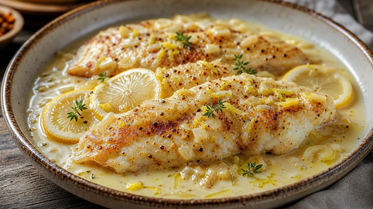 Filé de peixe cremoso com limão, tilápia dourada com molho cremoso, limão siciliano e raspas sobre mesa rústica