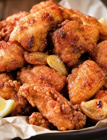 Frango a passarinho super crocante dourado, servido com limão em prato rústico