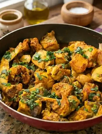 Frango ao molho especial suculento com molho dourado, alho, cebola e cheiro-verde em travessa rústica