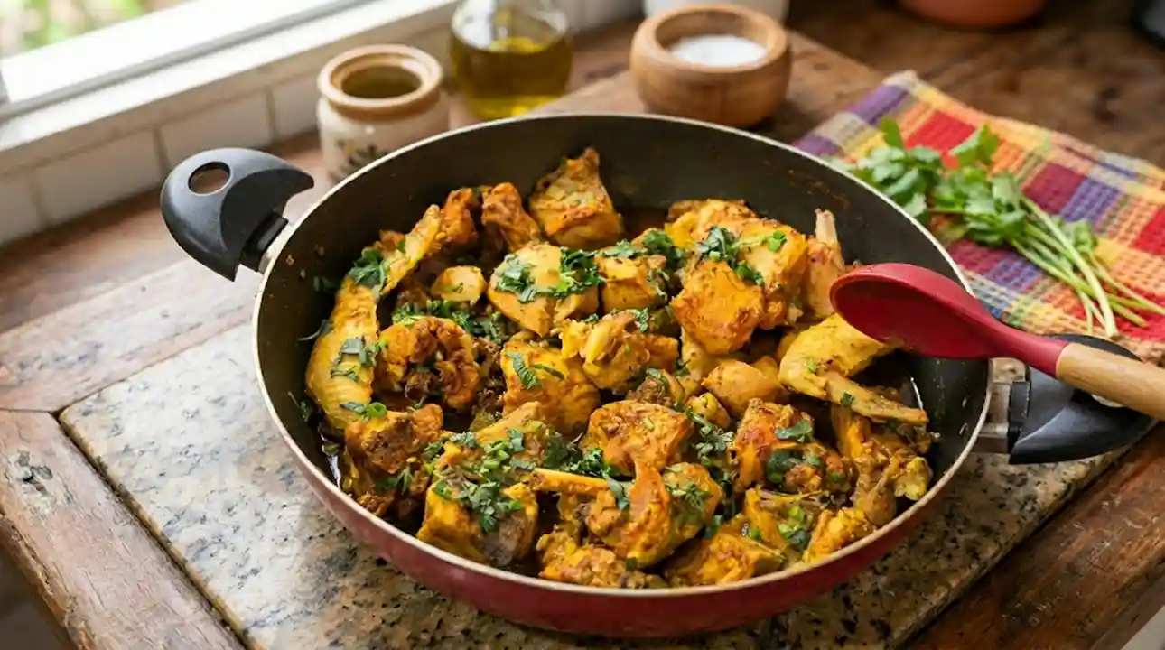 Frango ao molho especial suculento com molho dourado, alho, cebola e cheiro-verde em travessa rústica