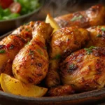 Frango assado suculento com tempero dourado, servido em travessa rústica