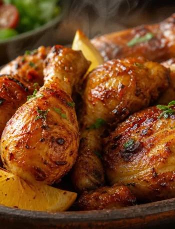 Frango assado suculento com tempero dourado, servido em travessa rústica