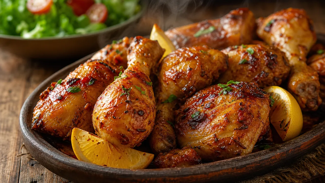 Frango assado suculento com tempero dourado, servido em travessa rústica
