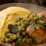 Frango com quiabo caipira e angu de milho cremoso em prato rústico