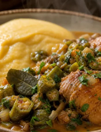 Frango com quiabo caipira e angu de milho cremoso em prato rústico