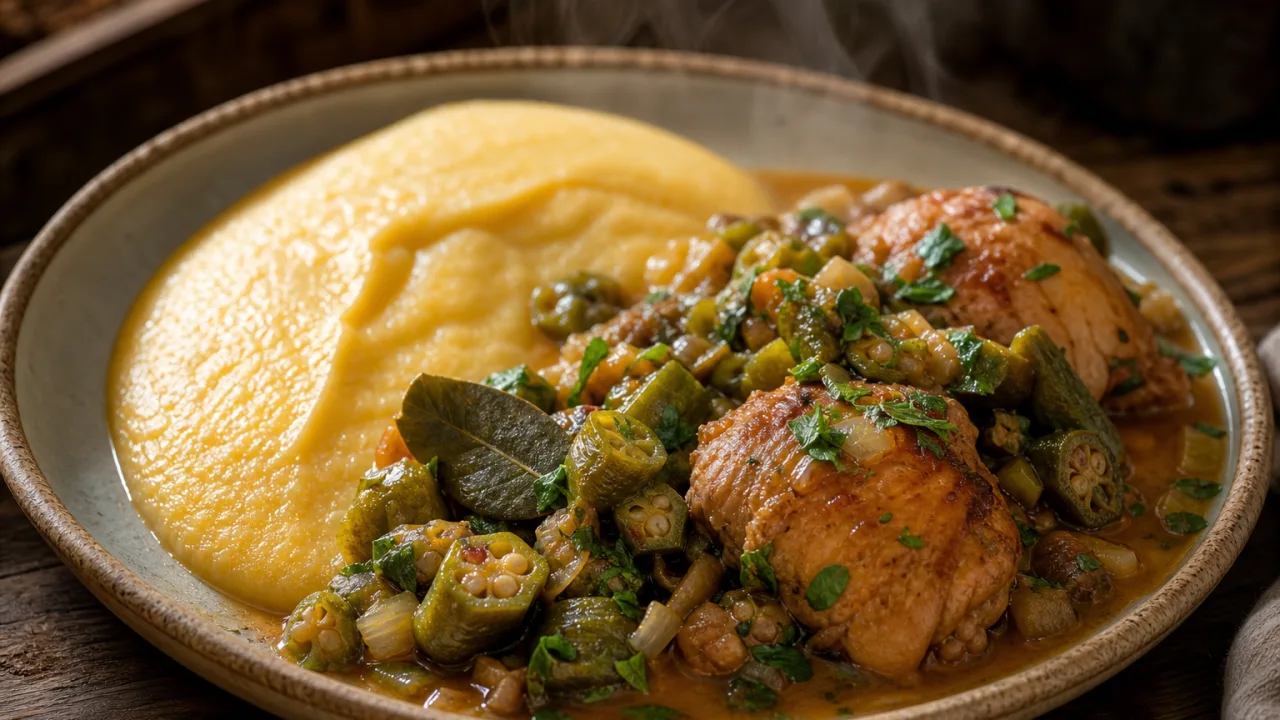 Frango com quiabo caipira e angu de milho cremoso em prato rústico