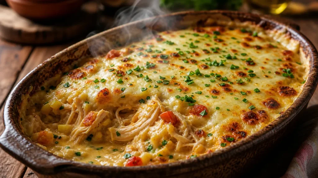 Frango cremoso na travessa com queijo gratinado, creme de milho e frango dourado em travessa rústica