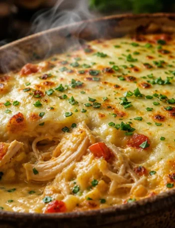 Frango cremoso na travessa com queijo gratinado, creme de milho e frango dourado em travessa rústica
