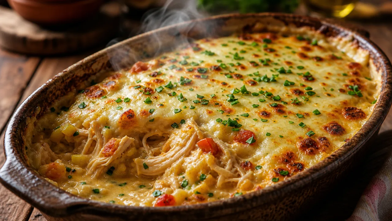 Frango cremoso na travessa com queijo gratinado, creme de milho e frango dourado em travessa rústica