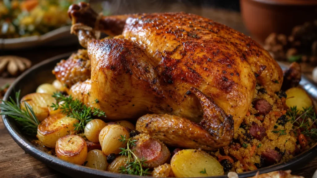 Frango recheado com farofa dourado e suculento, servido com batatas assadas em mesa rústica