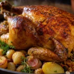 Frango recheado com farofa dourado e suculento, servido com batatas assadas em mesa rústica