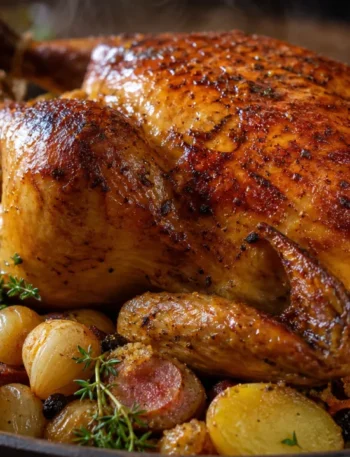 Frango recheado com farofa dourado e suculento, servido com batatas assadas em mesa rústica