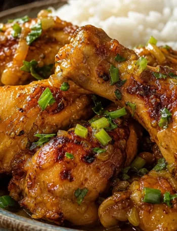 Frango refogado douradinho com molho encorpado, cebola, salsinha e cebolinha em prato rústico