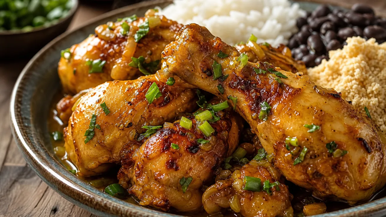 Frango refogado douradinho com molho encorpado, cebola, salsinha e cebolinha em prato rústico