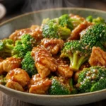 Frango suculento com brócolis ao molho brilhante e gergelim torrado em prato rústico