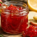Geleia de pimenta caseira brilhante em pote de vidro com pedaços de pimenta e toque de maçã