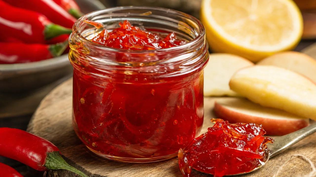Geleia de pimenta caseira brilhante em pote de vidro com pedaços de pimenta e toque de maçã
