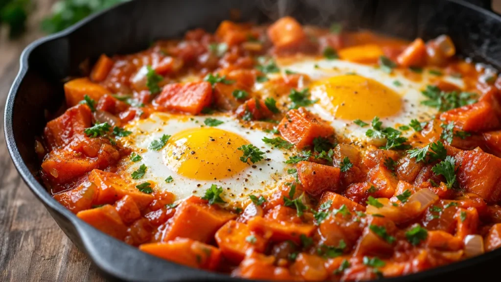 Jantar leve com ovos e batata-doce em frigideira, com tomate, salsinha e gema cremosa