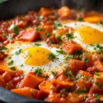 Jantar leve com ovos e batata-doce em frigideira, com tomate, salsinha e gema cremosa