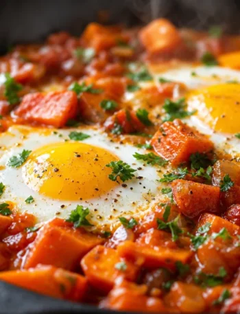 Jantar leve com ovos e batata-doce em frigideira, com tomate, salsinha e gema cremosa
