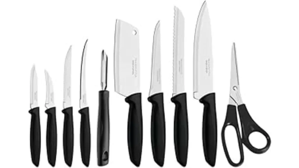 jogo de facas com lâminas de aço inox e cabos pretos para cozinha