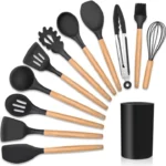 kit de 12 utensílios de cozinha em silicone com cabo de madeira