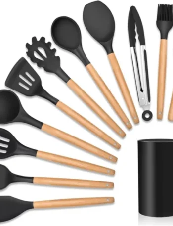 kit de 12 utensílios de cozinha em silicone com cabo de madeira