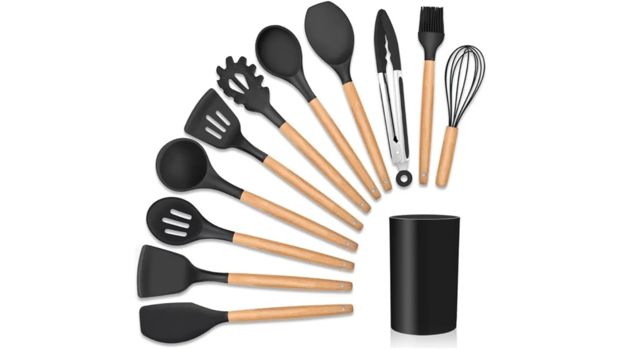 Kit 12 Utensílios De Cozinha Em Silicone E Cabo De Madeira Jogo De Utensílios Resistente ao Calor Antiaderente Premium GAXMARK