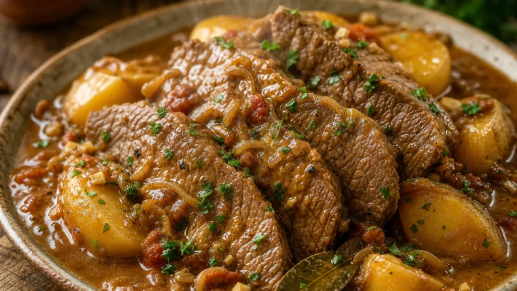 Lagarto ao molho com batatas, carne macia fatiada com molho cremoso e cheiro-verde sobre travessa rústica