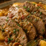 Lagarto ao molho com batatas, carne macia fatiada com molho cremoso e cheiro-verde sobre travessa rústica