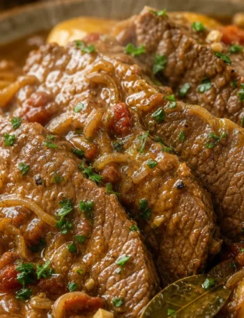 Lagarto ao molho com batatas, carne macia fatiada com molho cremoso e cheiro-verde sobre travessa rústica